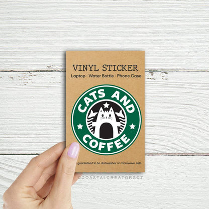 Cats and Coffee 3" Laptop Water Bottle Sticker (Waterproof): Unpackaged