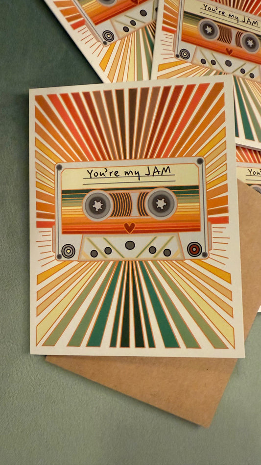 Retro Cassette Tape “You’re My Jam” blank greeting card for music lovers and jam band enthusiasts