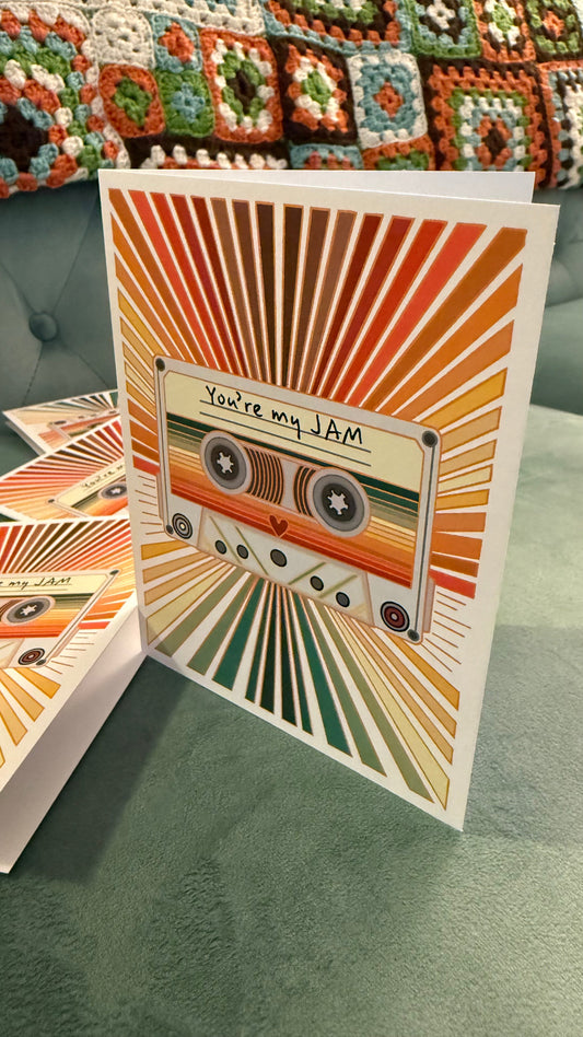 Retro Cassette Tape “You’re My Jam” blank greeting card for music lovers and jam band enthusiasts