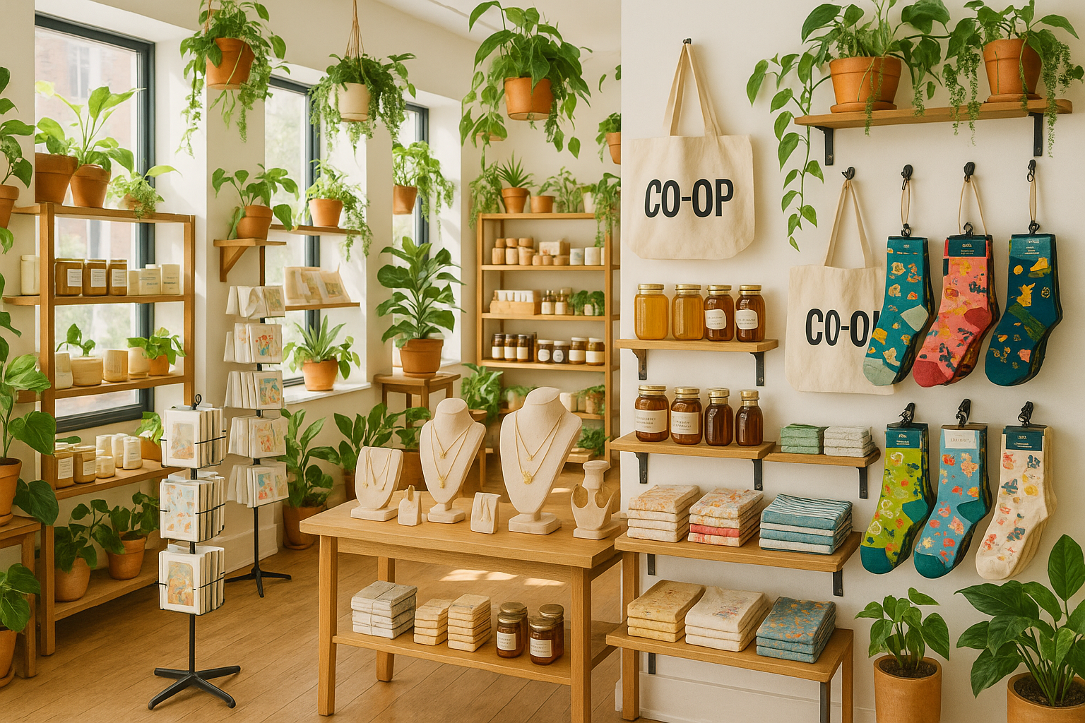 a small bright clean co-op store with lots of plants which sells candles and matches, jewelry, honey and syrup consumables, funny socks, cards, stickers, tea towels, totes