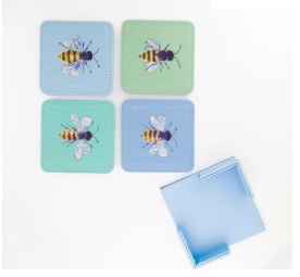Includes: set of 4 coasters (reversible designs) with holder
Made from Vegan Leather 
Dimensions: 3.5" square
Hand wash; do not soak, dry promptly