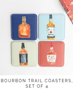 Includes: set of 4 coasters (reversible designs) with holder
Made from Vegan Leather 
Dimensions: 3.5" square
Hand wash; do not soak, dry promptly