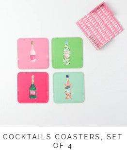 Includes: set of 4 coasters (reversible designs) with holder
Made from Vegan Leather 
Dimensions: 3.5" square
Hand wash; do not soak, dry promptly
