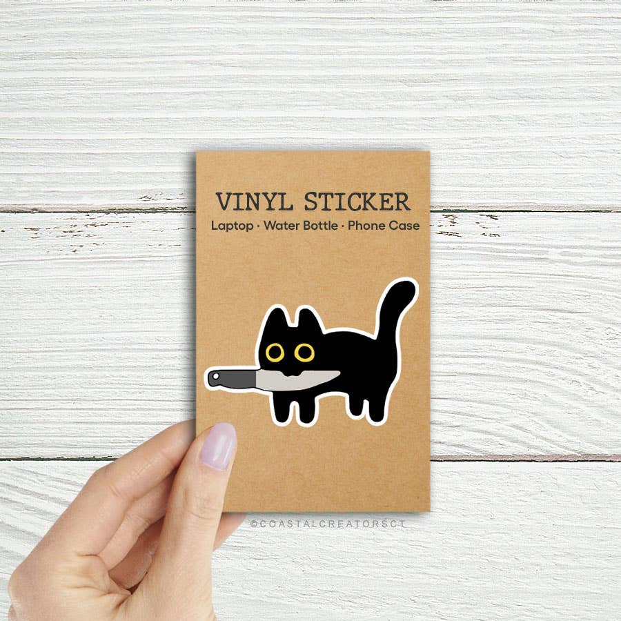 Black Cat with Knife in Mouth Laptop Water Bottle Sticker: Unpackaged