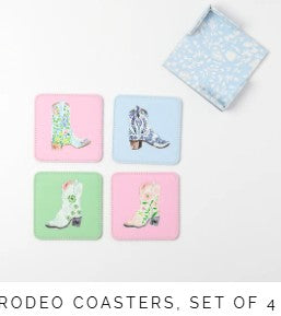 Includes: set of 4 coasters (reversible designs) with holder
Made from Vegan Leather 
Dimensions: 3.5" square
Hand wash; do not soak, dry promptly