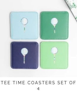 Includes: set of 4 coasters (reversible designs) with holder
Made from Vegan Leather 
Dimensions: 3.5" square
Hand wash; do not soak, dry promptly